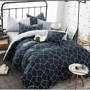 NANKO Queen Duvet Cover Set Navy Blue Geometric